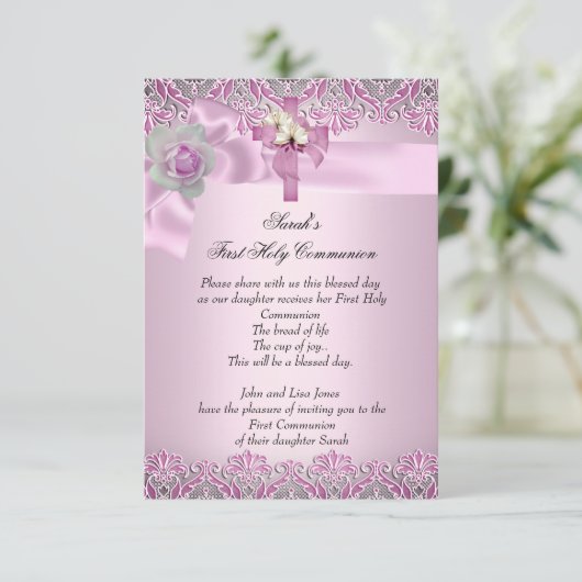 Eerste Heilige Communie Eerste Kruismeisjes  Roze Kaart (Staand voorkant)