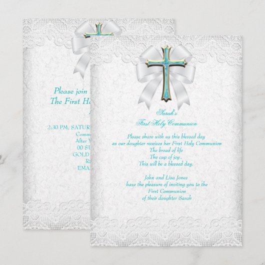 Eerste Heilige Communie Eerste Meisjes Kruis Aqua  Kaart (Voorkant / Achterkant)