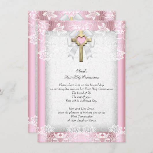 Eerste Heilige Communie Eerste Meisjes Kruisroze 8 Kaart (Voorkant / Achterkant)
