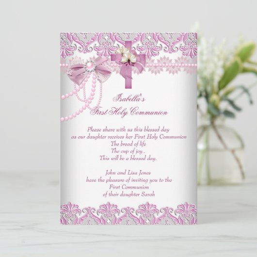 Eerste Heilige Communie Eerste Meisjes Roze Pearl  Kaart (Staand voorkant)