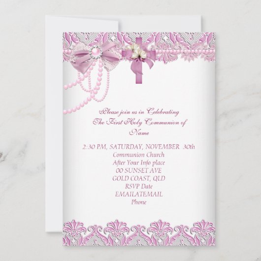 Eerste Heilige Communie Eerste Meisjes Roze Pearl  Kaart (Achterkant)