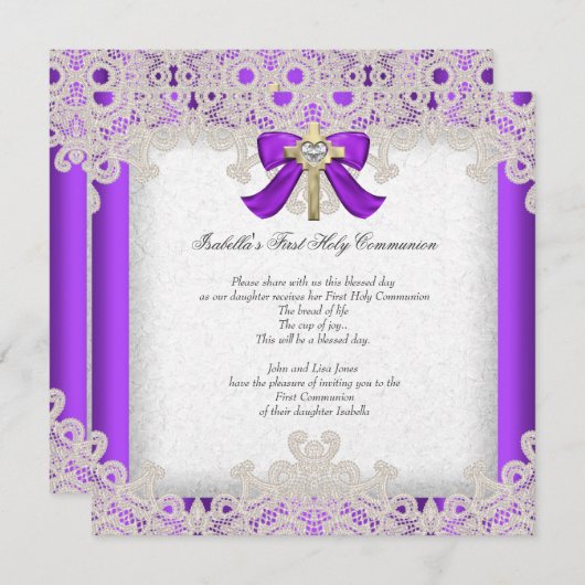 Eerste Heilige Communie Eerste Meisjeskruis Paars Kaart (Voorkant / Achterkant)