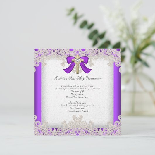 Eerste Heilige Communie Eerste Meisjeskruis Paars Kaart (Staand voorkant)