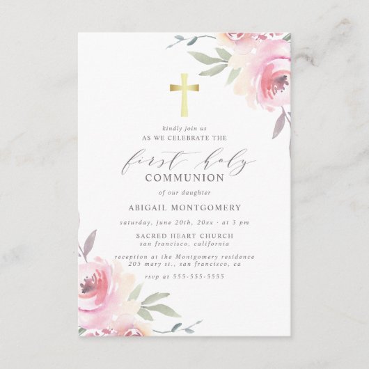 Eerste Heilige Communie Elegant Floral Aankondiging (Voorkant)