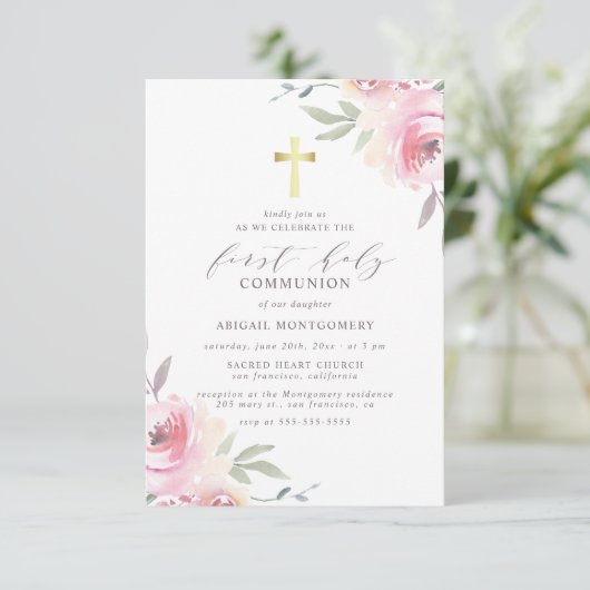 Eerste Heilige Communie Elegant Floral Aankondiging (Staand voorkant)
