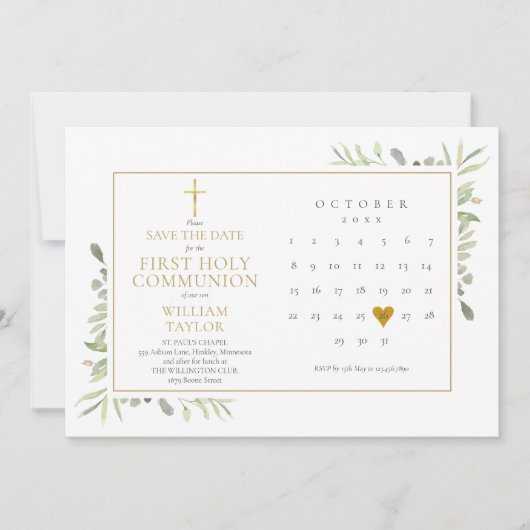 Eerste Heilige Communie Elegant Greenery Save The Date (Voorkant)