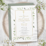 Eerste Heilige Communie Elegant Greenery Save The Date<br><div class="desc">Met delicate bladeren van de waterverf en een elegant goudkruisbeeld,  kan deze chic gender-neutrale Eerste Heilige Communie sparen de date uitnodiging gepersonaliseerd worden met je speciale informatie,  met een zilveren achtergrond aan de achterkant. Ontworpen door: Thisnotme©</div>