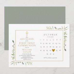 Eerste Heilige Communie Elegant Groen Bladwerk Save The Date