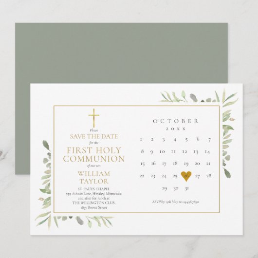 Eerste Heilige Communie Elegant Groenwerk Save The Date (Voorkant / Achterkant)