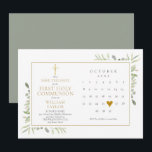 Eerste Heilige Communie Elegant Groenwerk Save The Date<br><div class="desc">Deze stijlvolle uitnodiging voor de Eerste Heilige Communie om de datum te reserveren bevat een kalender en een mooi gouden liefdeshart dat uw speciale datum benadrukt. Deze kan worden gepersonaliseerd met uw speciale informatie,  met een zilverkleurige salie achtergrond aan de achterzijde. Ontworpen door Thisisnotme©</div>