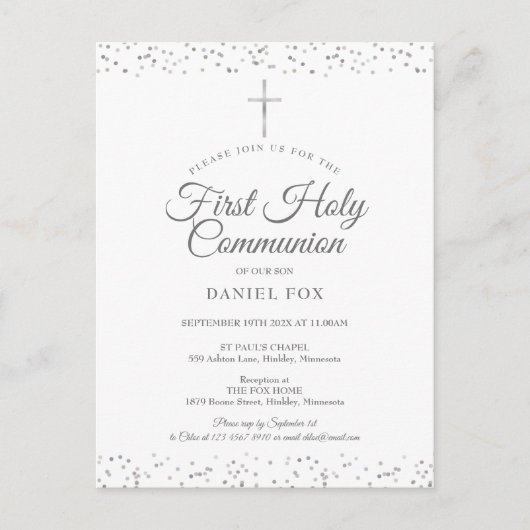 Eerste Heilige Communie Elegant Silver Stardust Uitnodiging Briefkaart (Voorkant)