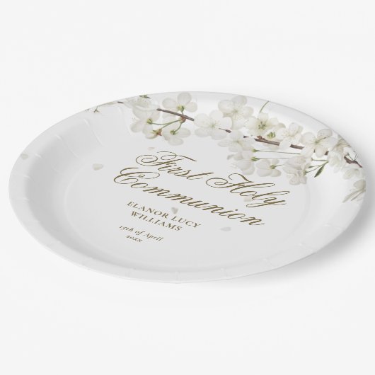 Eerste Heilige Communie Elegant White Blossom Flor Papieren Bordje (Gekanteld)