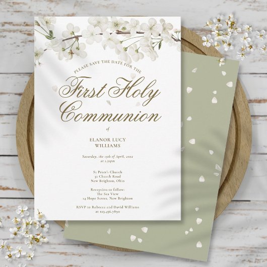 Eerste Heilige Communie Elegant White Blossom Flor Save The Date