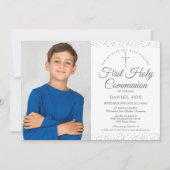 Eerste Heilige Communie Elegant Zilveren Foto Save The Date (Voorkant)