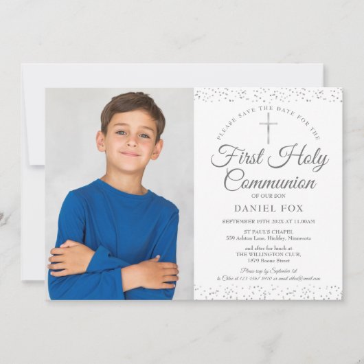 Eerste Heilige Communie Elegant Zilveren Foto Save The Date (Voorkant)