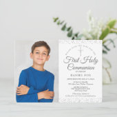 Eerste Heilige Communie Elegant Zilveren Foto Save The Date (Staand voorkant)