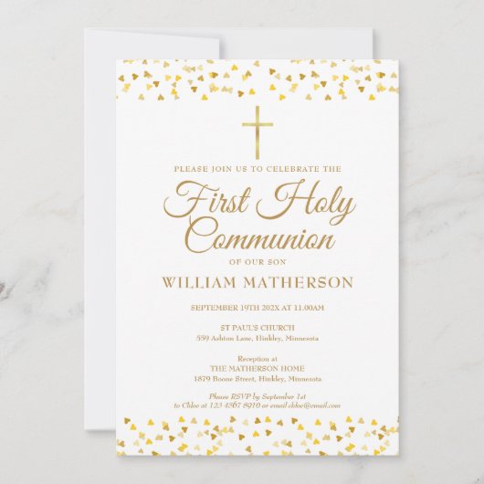Eerste Heilige Communie Elegante Gouden Harten Kaart (Voorkant)