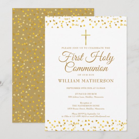 Eerste Heilige Communie Elegante Gouden Harten Kaart (Voorkant / Achterkant)