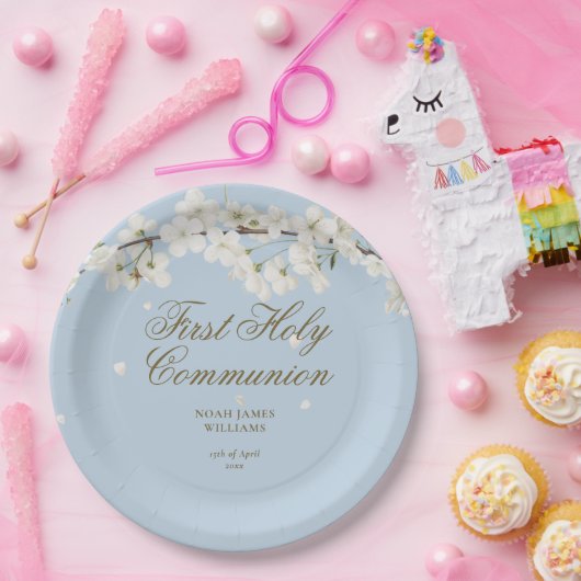 Eerste Heilige Communie Elegante Witte Bloesem Bla Papieren Bordje (Feest)