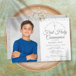 Eerste Heilige Communie Elegante Zilveren Foto Save The Date