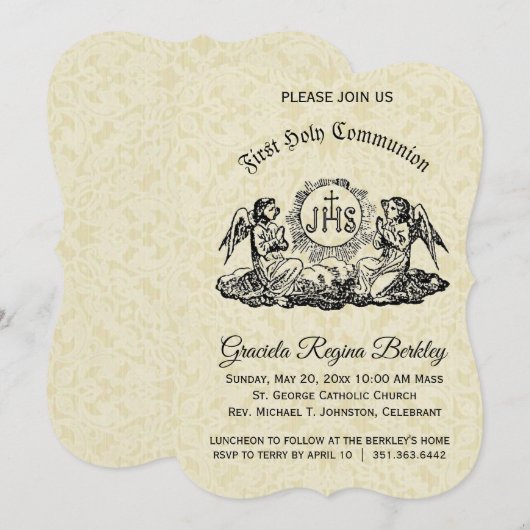 Eerste Heilige Communie Engel Ecru Kant Uitnodigin Kaart (Voorkant / Achterkant)