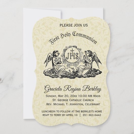 Eerste Heilige Communie Engel Ecru Kant Uitnodigin Kaart (Voorkant)