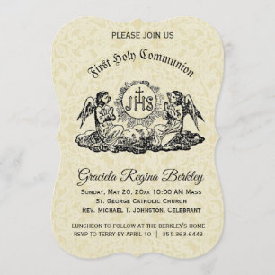Eerste Heilige Communie Engel Ecru Kant Uitnodigin Kaart