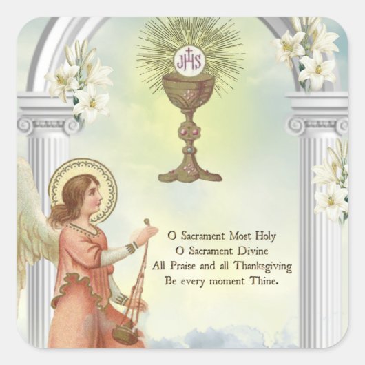 Eerste Heilige Communie Engel Eucharistie Vierkante Sticker (Voorkant)