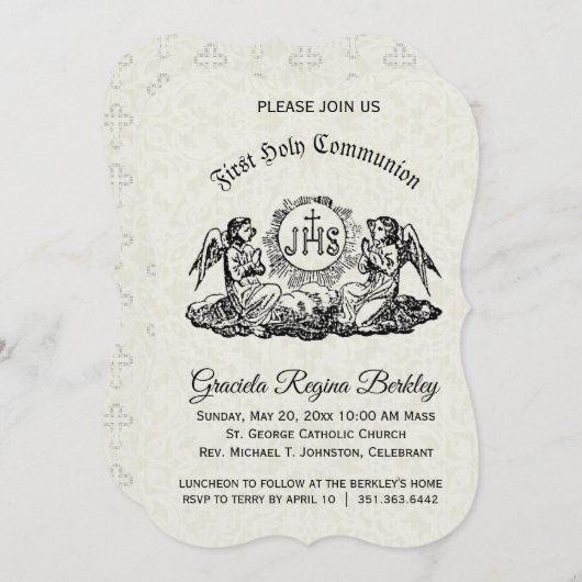 Eerste Heilige Communie Engel Witte Kant Uitnodigi Kaart (Voorkant / Achterkant)