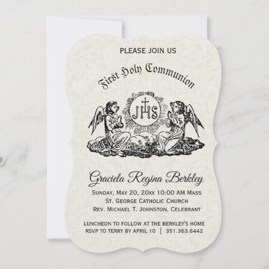 Eerste Heilige Communie Engel Witte Kant Uitnodigi Kaart (Voorkant)
