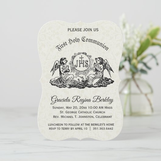 Eerste Heilige Communie Engel Witte Kant Uitnodigi Kaart (Staand voorkant)
