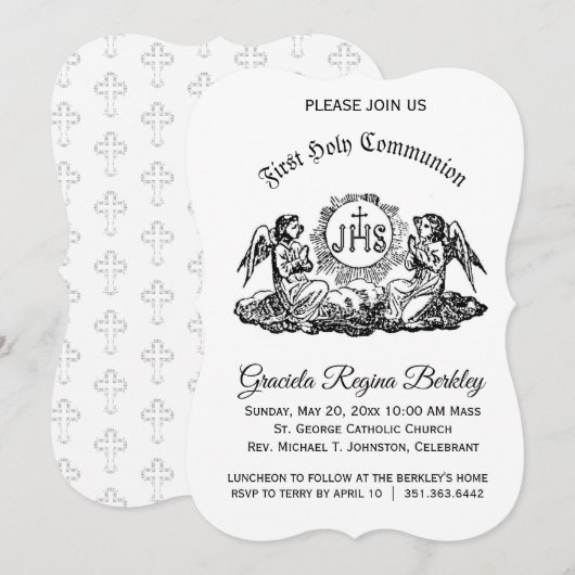 Eerste Heilige Communie Engel Zwart Wit Uitnodigin Kaart (Voorkant / Achterkant)