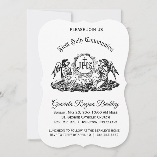 Eerste Heilige Communie Engel Zwart Wit Uitnodigin Kaart (Voorkant)