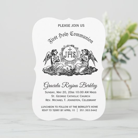 Eerste Heilige Communie Engel Zwart Wit Uitnodigin Kaart (Staand voorkant)