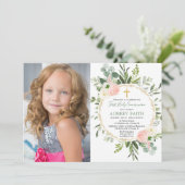 Eerste Heilige Communie eucalyptus groen roze foto Kaart (Staand voorkant)
