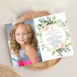 Eerste Heilige Communie eucalyptus groen roze foto Kaart