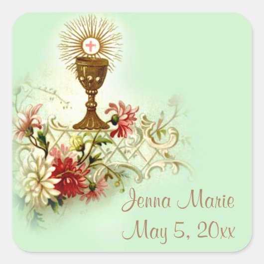 Eerste Heilige Communie Eucharistiebloemen Vierkante Sticker (Voorkant)