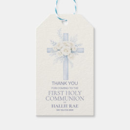 Eerste Heilige Communie Favor Tag, Blauwe Bloemkru Cadeaulabel