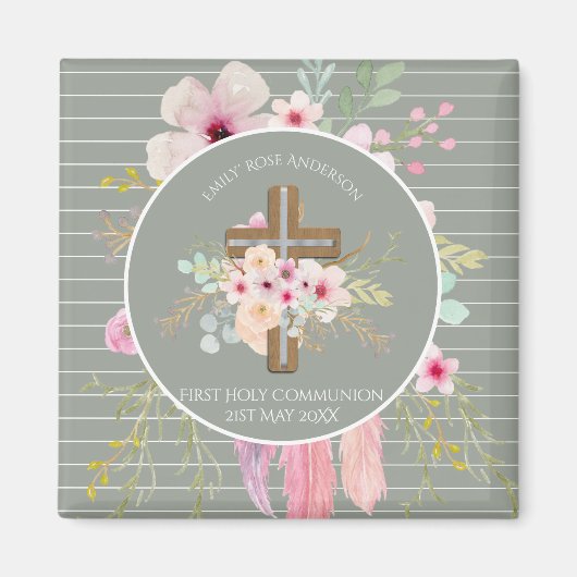 Eerste Heilige Communie Floral Cross Girls Sage Pi Magneet (Voorkant)