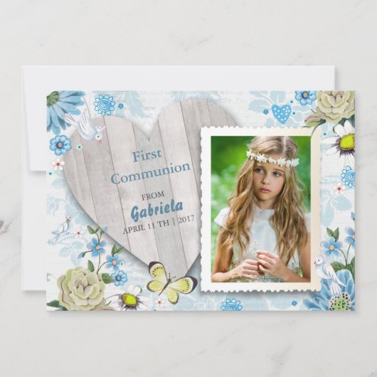 Eerste Heilige Communie Floral | Fotouitnodigingen Kaart (Voorkant)