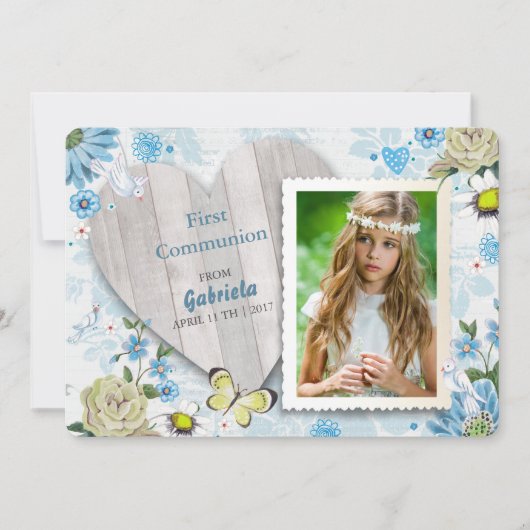 Eerste Heilige Communie Floral | Fotouitnodigingen Kaart (Voorkant)