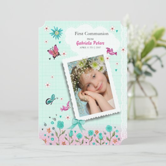 Eerste Heilige Communie Floral | Fotouitnodigingen Kaart (Staand voorkant)