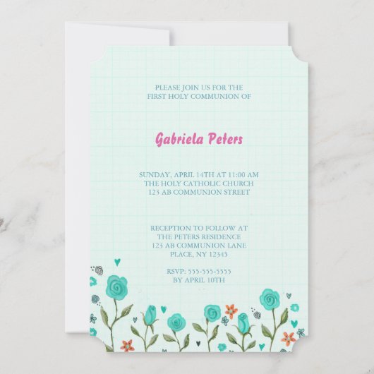 Eerste Heilige Communie Floral | Fotouitnodigingen Kaart (Achterkant)