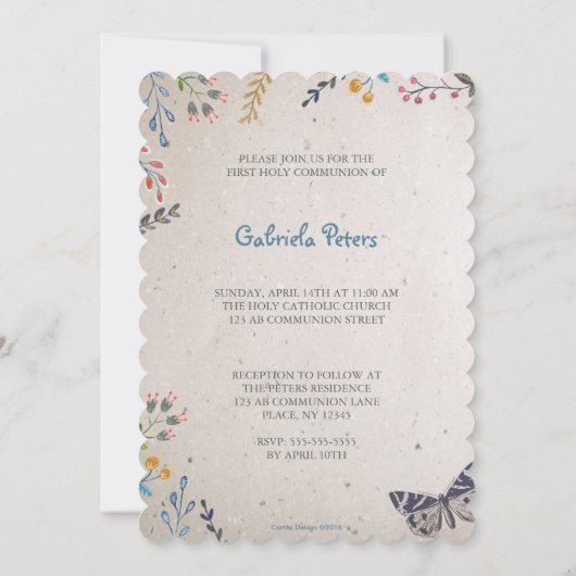 Eerste Heilige Communie Floral | Fotouitnodigingen Kaart (Achterkant)