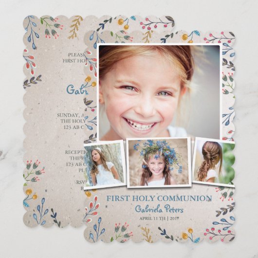 Eerste Heilige Communie Floral | Fotouitnodigingen Kaart (Voorkant / Achterkant)
