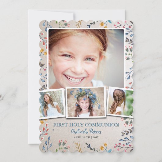 Eerste Heilige Communie Floral | Fotouitnodigingen Kaart (Voorkant)