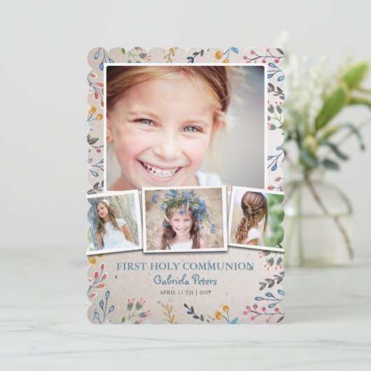 Eerste Heilige Communie Floral | Fotouitnodigingen Kaart (Staand voorkant)