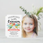 Eerste Heilige Communie Floral | Fotouitnodigingen Kaart (Staand voorkant)