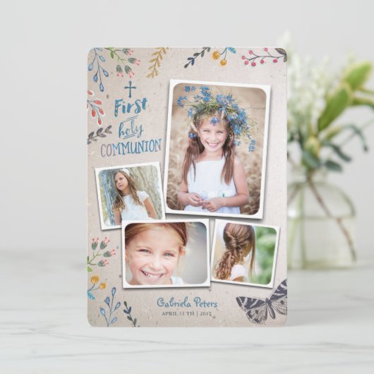 Eerste Heilige Communie Floral | Fotouitnodigingen Kaart (Staand voorkant)