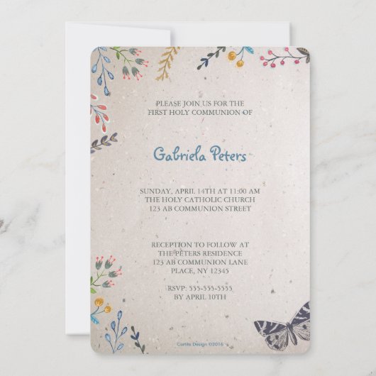 Eerste Heilige Communie Floral | Fotouitnodigingen Kaart (Achterkant)